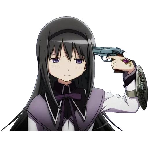 хомура, homura akemi, аниме персонажи, аниме пистолетом мем, акеми хомура застрелилась