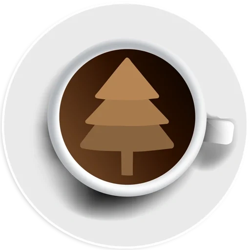 una taza de café, icono de árbol de navidad, icono de chirrido, vista de café desde arriba, taza de café desde arriba