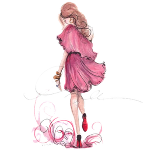 pola fashion, gambar modis, pola merah muda, ilustrasi mode, gaun gadis cat air