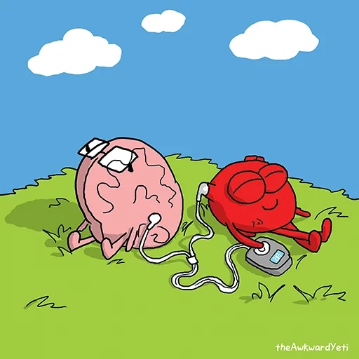 cerveau cardiaque, le cœur est de l'humour, les blagues sont drôles, fun the heart brain, caricature du cerveau cardiaque