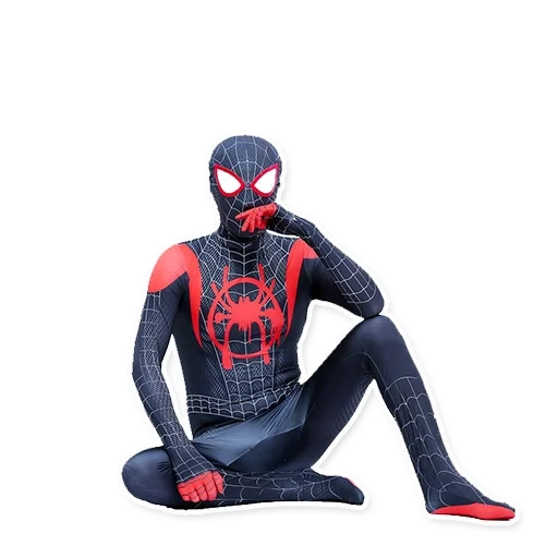 hombre araña, el disfraz de la araña del hombre, disfraz humano spiderman miles morales, miles morales disfraz de hombre araña, disfraz de vestuario de lunares para un hombre de araña