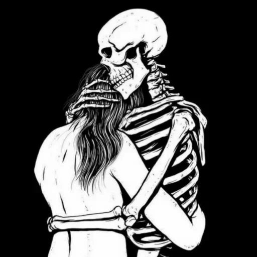 das skelett, die kunst des skeletons, mädchen mit skelett, das muster des skeletts, stilisierte skelett umarmen mädchen