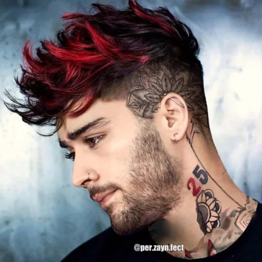 pewaris gustav, potongan rambut pria mode, zane malik blue hair, potongan rambut pria dengan rambut merah, potongan rambut pria dengan kuil yang dicukur