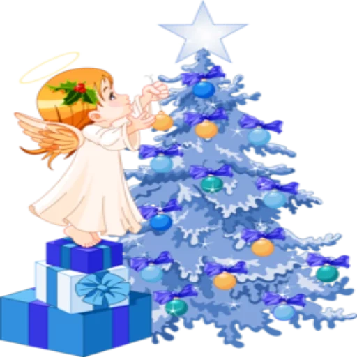 l'ange de noël, ange près de l'arbre de noël, sapin de noël, l'ange décore l'arbre de noël, dessin animé d'arbre du nouvel an