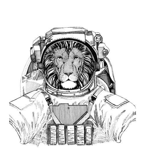 ilustração, terno espacial do gato, terno espacial do leão, esboço de tatuagem, padrão de traje espacial de cachorro
