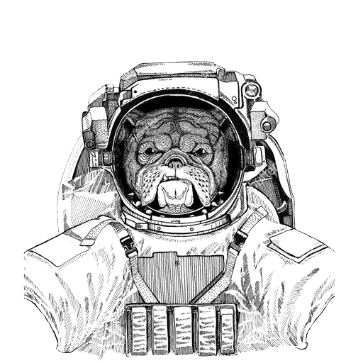 suptry drawing, cosmonaut graphics, supreme illustration, the astronaut is black white, dog spacesuit drawing