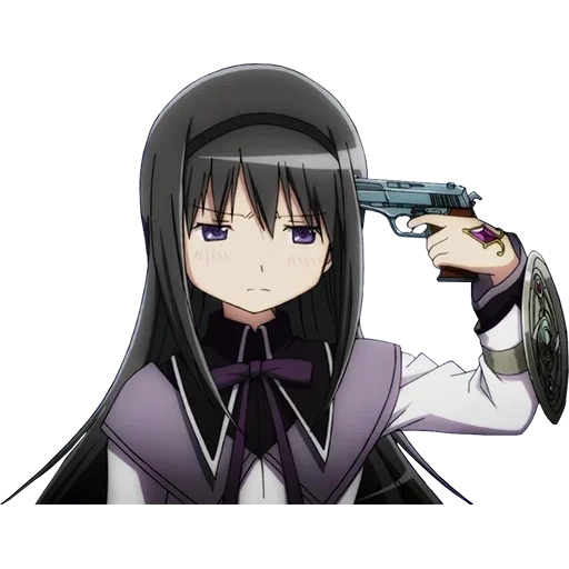 хомура, тянка аниме, homura akemi, аниме пистолетом мем, акеми хомура застрелилась
