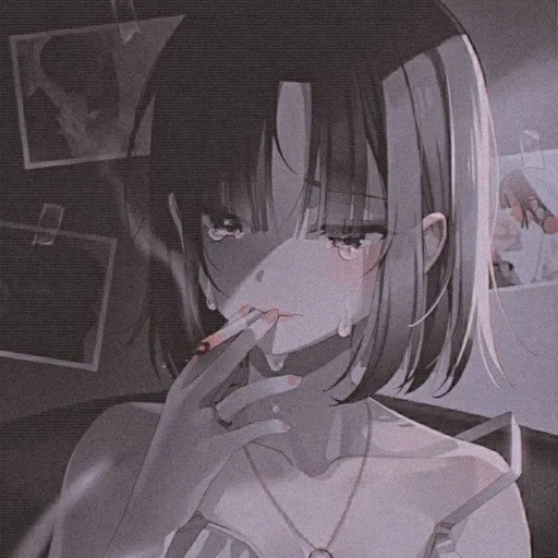 арты аниме, грустные аниме, аниме тян сигаретой, аниме девушка курит, аниме девушка сигаретой