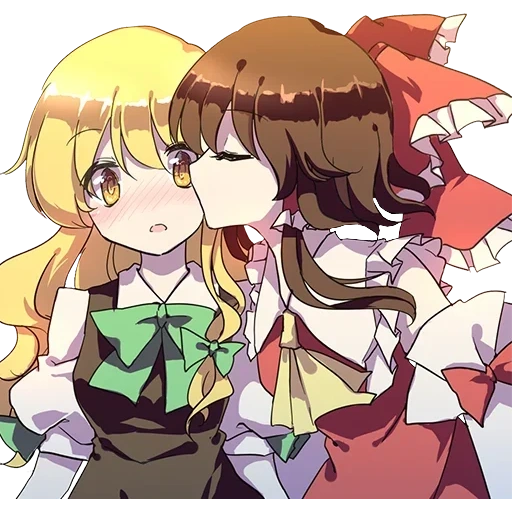 marisa touhou, der kuss hinter dem kopf, das projekt touhou, kirisame marisa, touhou reimu hug