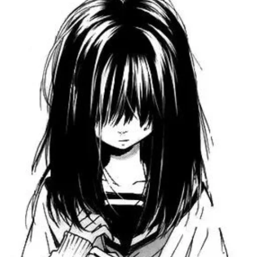 аниме, грустные аниме, аниме черно белое, грустные аниме рисунки, чёлка закрывающая глаза аниме