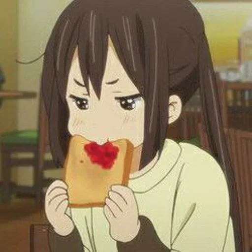 animation, figure, cartoon characters, bread in anime's mouth, sad cartoon girl