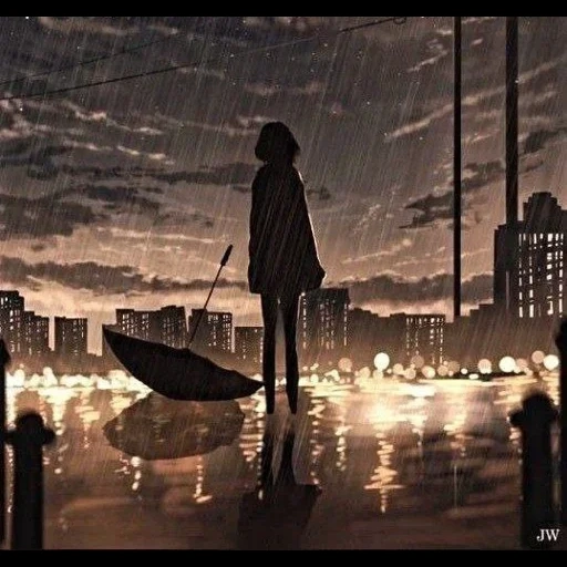 von anime night, chuva de arte de anime, anime arty é sombrio, anime da paisagem da cidade, anime arta solidão