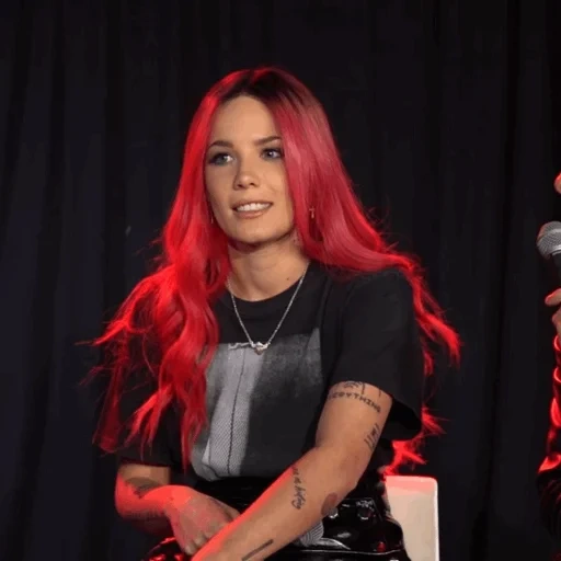 singers, halsey, halsey badlands, hills red dress, hills with red hair