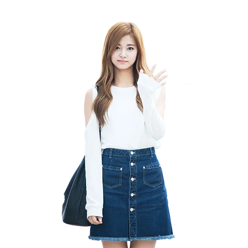 zhou zi yu, twice tzuyu, rok denim, rok batu giok leluhur bengkok, rok kancing depan