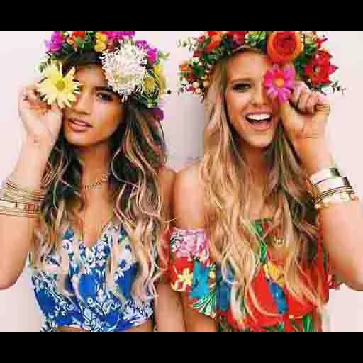 female friends, hippie flower, hippie style, best friend, hippie hawaiian flower