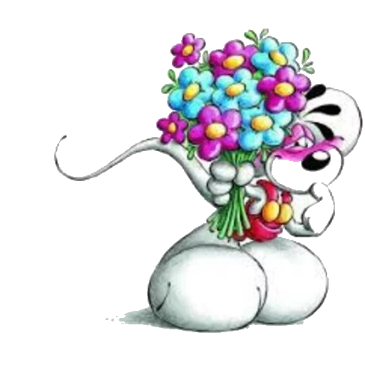 mouse diddl, diddlina mouse, souris avec un bouquet, l'anniversaire de didla