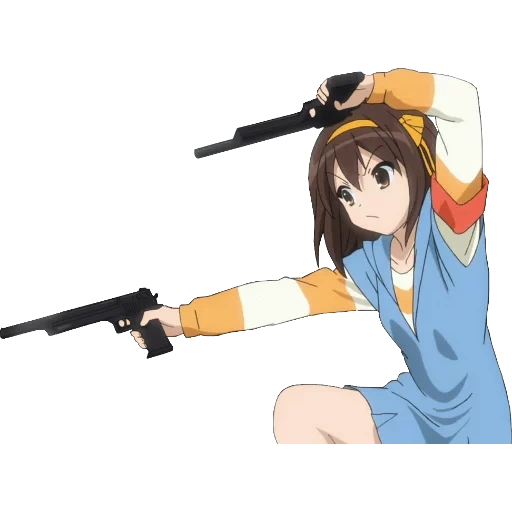 haruhi suzumiya, anime with a gun, melancholy haruhi suzumiya, haruhi suzumiya pistols