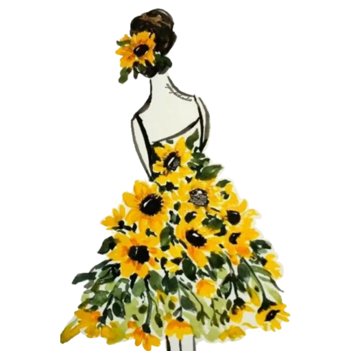 vestido de girassol, esboço de girassol vestido, vestido de garota de silhueta colorida, padrão de vestido de flor edgar atis, vestido de girassol patricia pepe