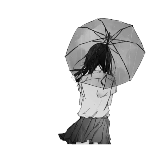 рисунок, аниме зонт, грусть аниме, грустная аниме девушка, аниме черно белое одиночество