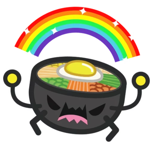 rainbow pot, rainbow pot, cartoon bibimbap, sushi roll cartoon, a can of rainbow coins