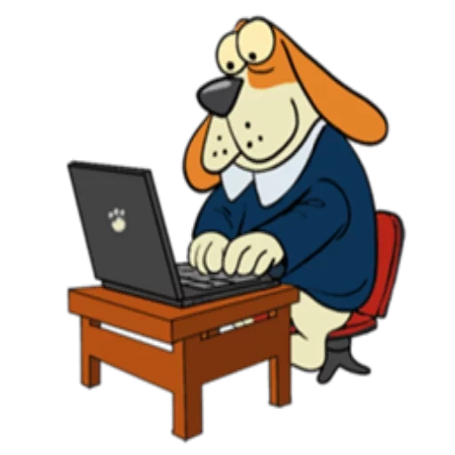 um computador, teclado, designer de web, desenho de kryakin, cachorro inteligente em um computador