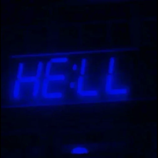 neon lights of hell, blue neon light, neon sign, digital clock 11:34 hell, blue aesthetic electronic products