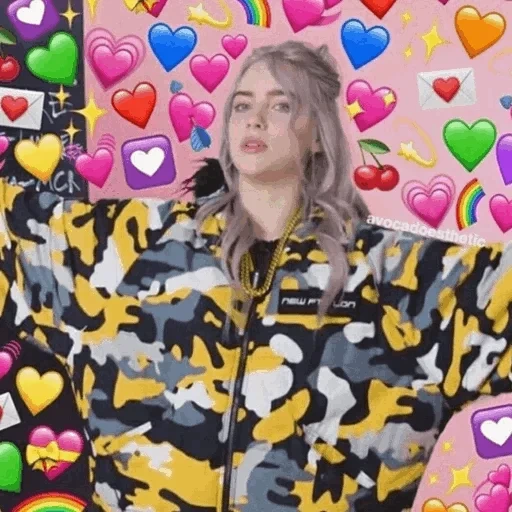 billie eilish, билли айлиш улыбается, билли айлиш сердечками, billie eilish with hearts, билли айлиш сердечками над головой