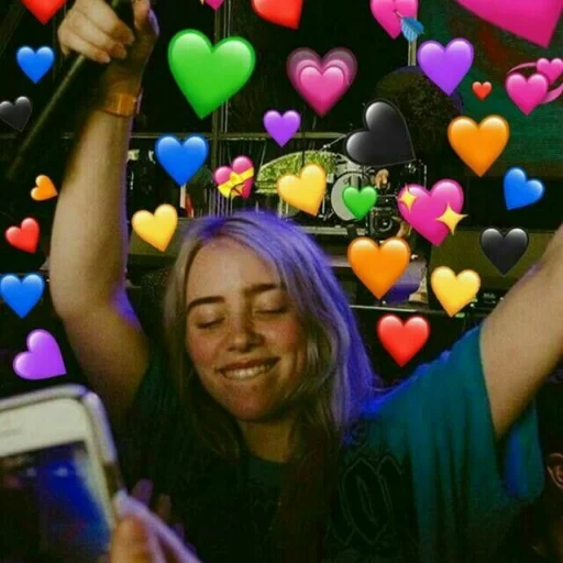 heart meme, billy eilish, the heart of billy ellis, billie eilish with hearts, billy eilish's heart is on his head