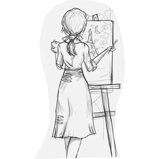 figura, boceto, boceto, dibuja a los personajes con un lápiz, pintura de caballete para principiantes
