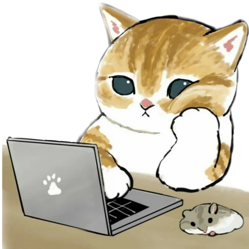 seal, illustrated cat, the cute cat is behind the computer, mofu cat in front of computer, mofu shamao notebook grating