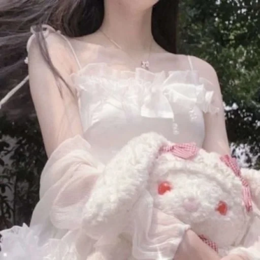 young woman, the dress is tender, asian girls, emo style aesthetics, the dress is gently pink