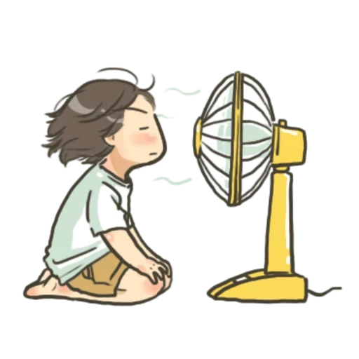 immagine, illustrazione di calore, fan manuale, il ventilatore soffia una persona, disegno di fan del ragazzo