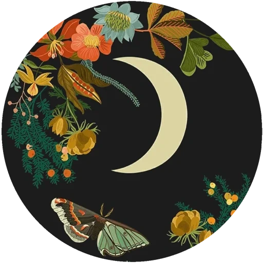 лунные цветы, луна полумесяц, круглая картина, иллюстрация цветы, цветочные иллюстрации