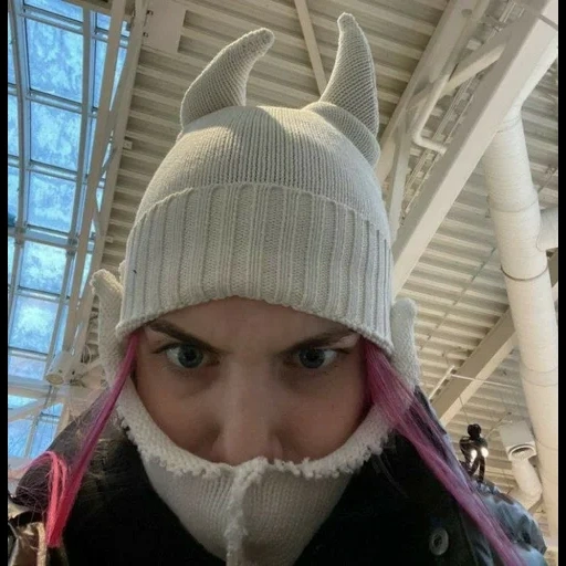 human, young woman, balaklava ears, the cap-mask is winter, winter hat with ears