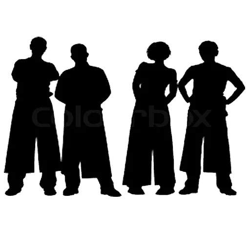 silhouette, the outline of a man, a silhouette of a teenager, a silhouette of a group of people, silhouettes of band members