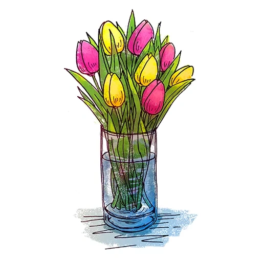karangan bunga tulip, pola vas tulip, sketsa vas tulip, seikat tulip berwarna-warni
