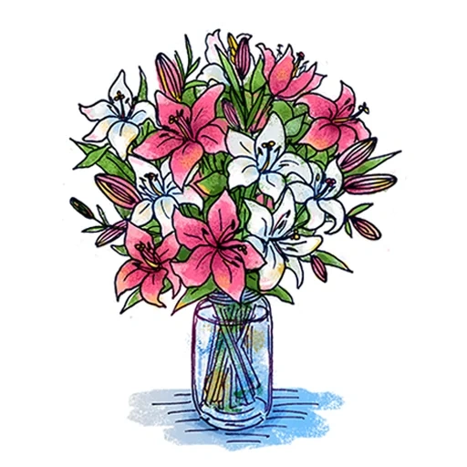 bunga, sketsa buket bunga lily, bunga ungu, seikat bunga, masukkan vas dengan pensil