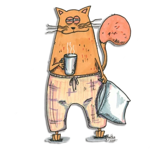 gato, gato de café, dibujo de gato somnoliento, dibujo de gato divertido, patrones de gatos divertidos