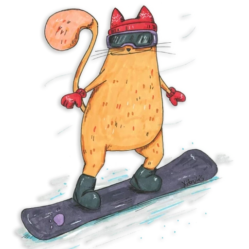 gato, gato de café, esquiador de gato, ilustración gato, dibujo en cuclillas de kitty rides