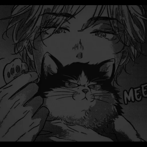 kucing, anime boy, anime anak laki-laki, anime komik, lukisan pasangan anime