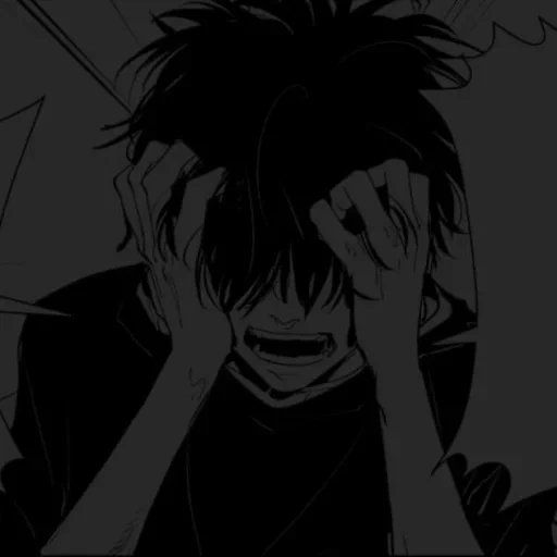 figure, anime boy, sad animation, black and white animation, sad cartoon guy