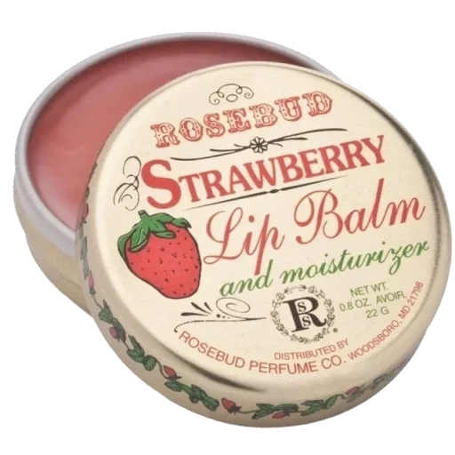 rosebud strawberry lip balm, rosebud perfume co strawberry lip balm, smith's strawerry lip balm, balm balsam balm balsam balm