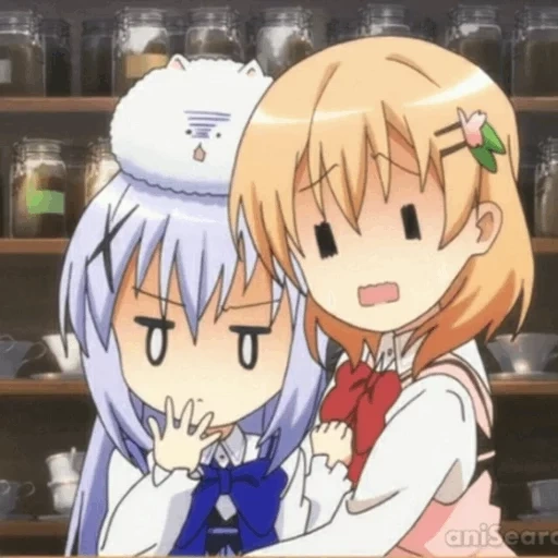 anime, abrazos de anime, personajes de anime, anime ordenó un óvulo de conejo, gochuumon wa usagi desu ka anime