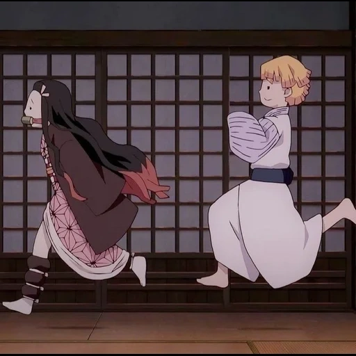 personnages d'anime, nezuko et zenitsu, dance solo sur les clés de l'anime, lame de coupe demons nezuko et zenitsa, anime
