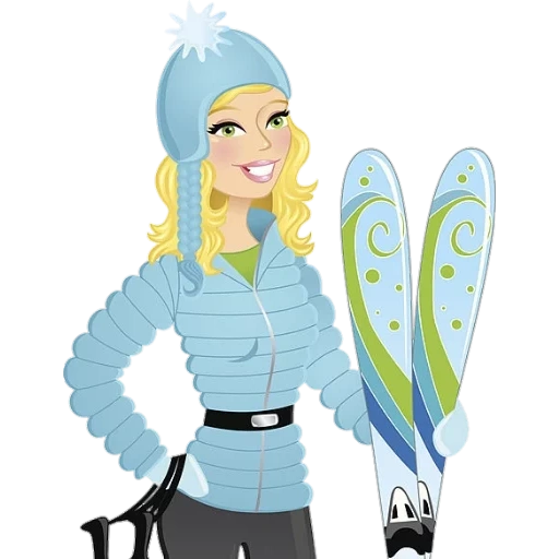 мода, модница, стильная девушка, мультяшная женщина лыжами, рисунок женщин горнолыжном костюме