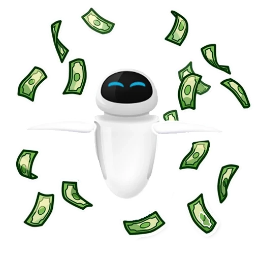 robot, money, the robot is white, robot eve with a white background, intellectual robots