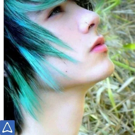 hair, green hair, colorful hair, bangs painted with tonic, emo girl green hair