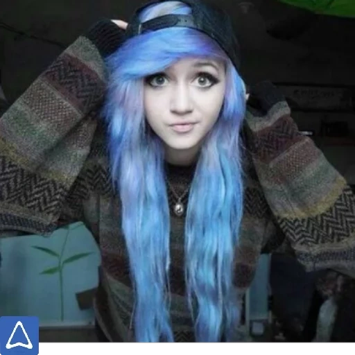 emo style, emo hairstyle, blue hair, the hair color is blue, girl with blue hair