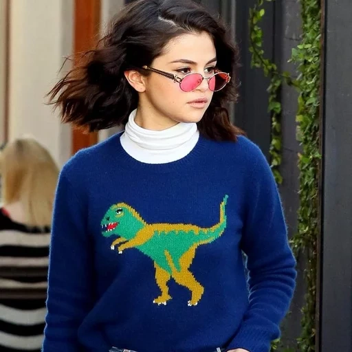 girl, gomez selena, selena gomez style, selena gomez sweater, selena gomez sweater dinosaur