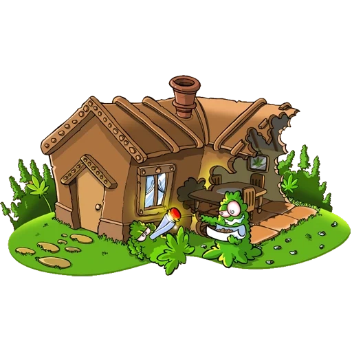 a small house, cartoon house, the house of the naturalist, illustration of cabin, old cartoon house